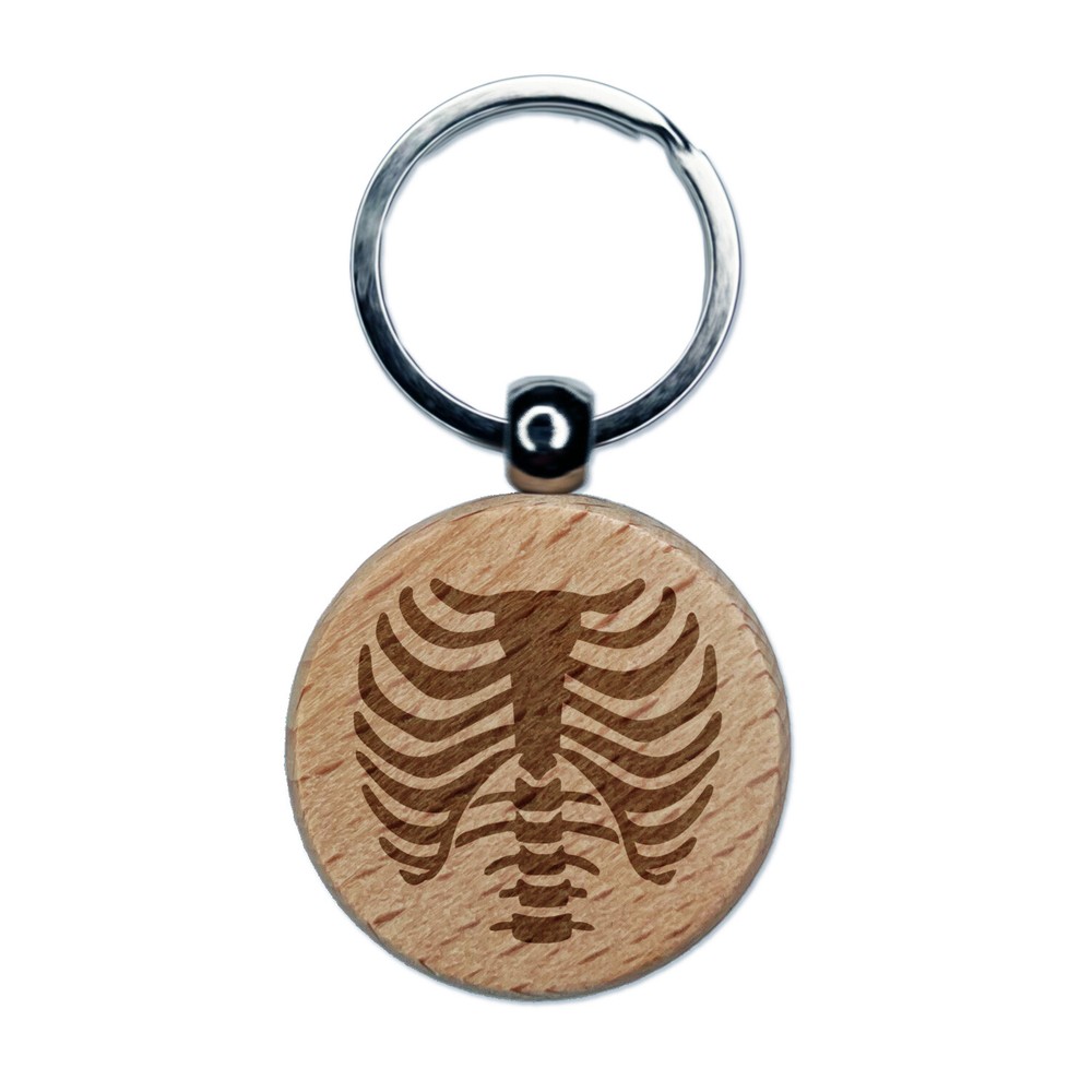 Skeleton Rib Cage Engraved Wood Round Keychain Tag Charm