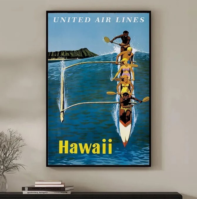 Hawaii Retro Canoe Travel Poster Vintage Wall Art Decor