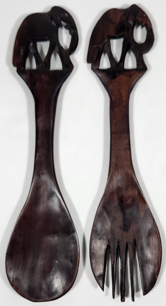 Vtg African Wooden Salad Serving Fork & Spoon 2 Pc Set Hand Carved Elephant 12