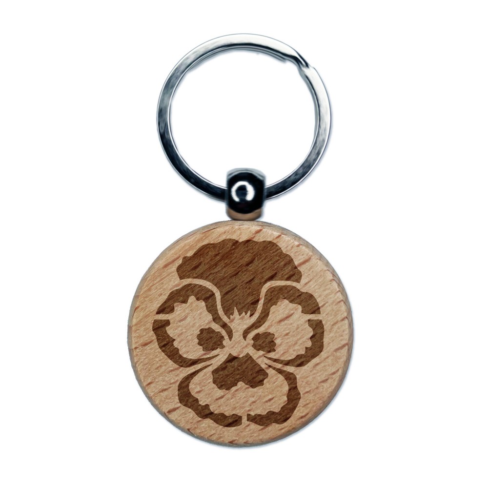 Pansy Flower Engraved Wooden Round Keychain Charm Tag  