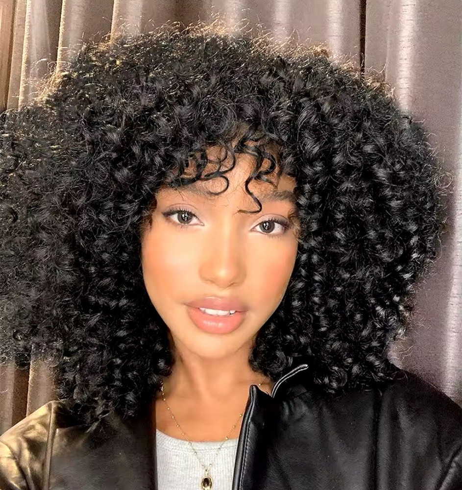 Afro Kinky Curly Wigs with Bangs 180% Density Brazilian Remy Human Hair