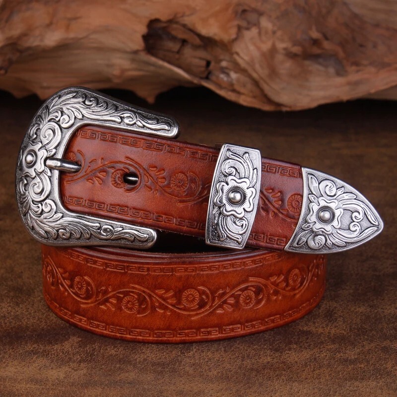 ALZY08 Genuine Cowhide Leather Handmade Durable Popular Buckle Biker Belt