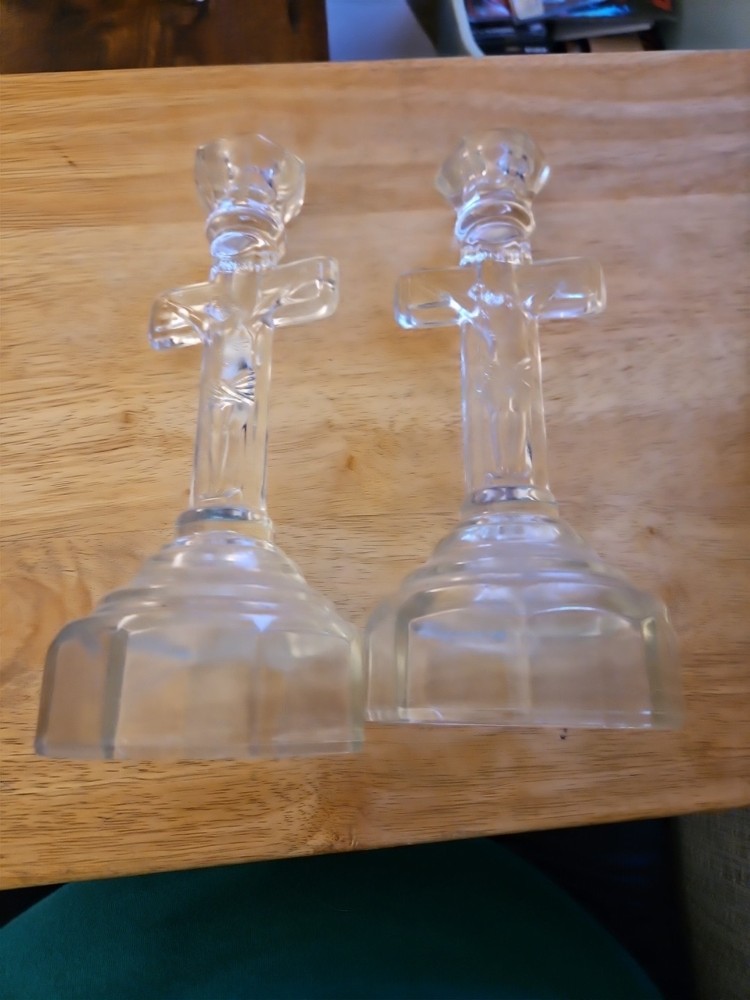 Set of 2 10-inch Glass Jesus Cross Taper Candle Holders with INRI Religious Pair