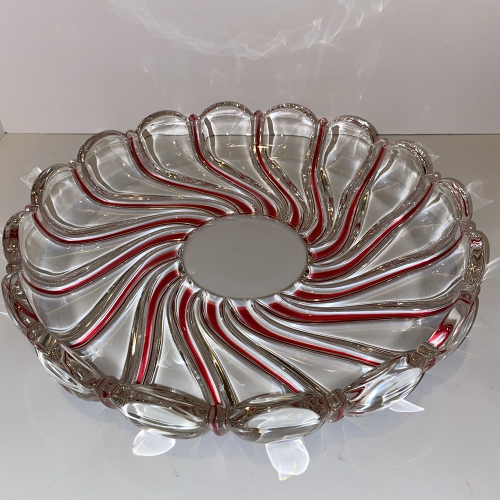 Mikasa Peppermint Swirl Red Clear Crystal Glass Large Serving Platter Bowl