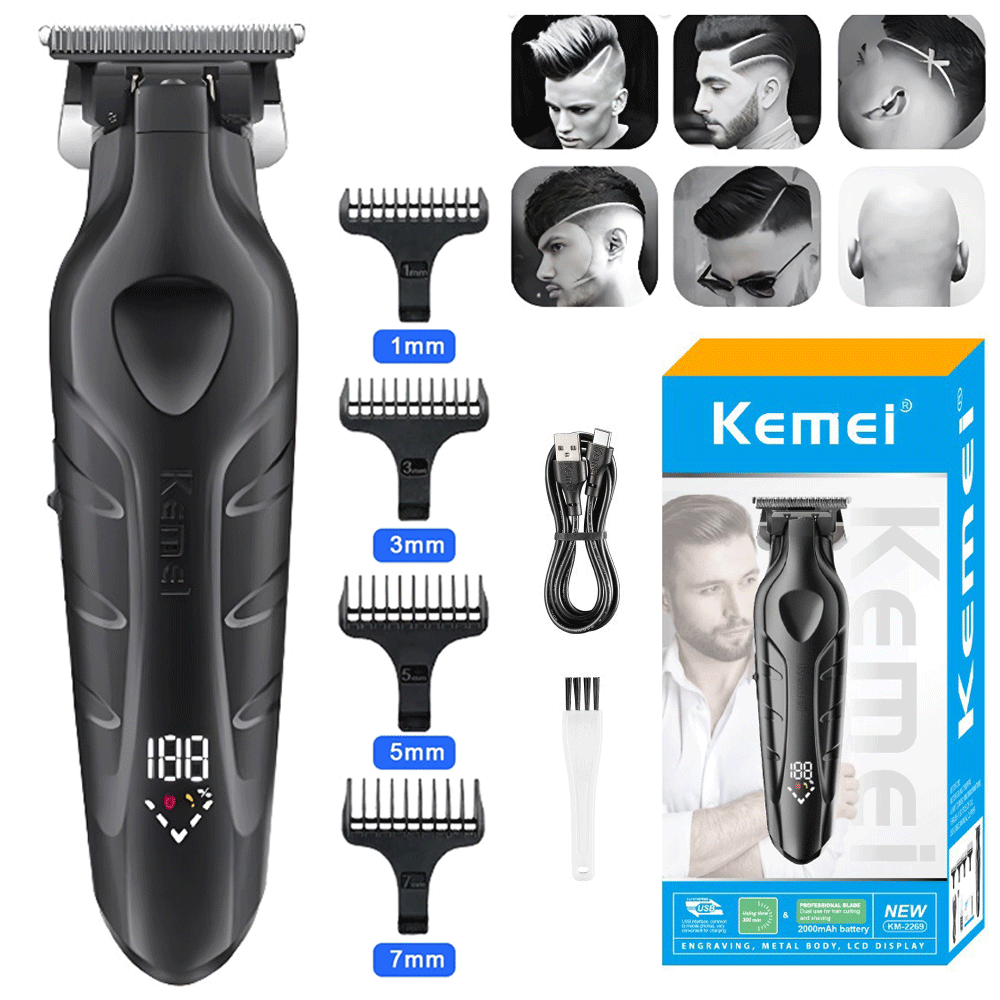 KEMEI Men Hair Clippers Hair Cutting Professional Cordless Barber Trimmer LCD BK