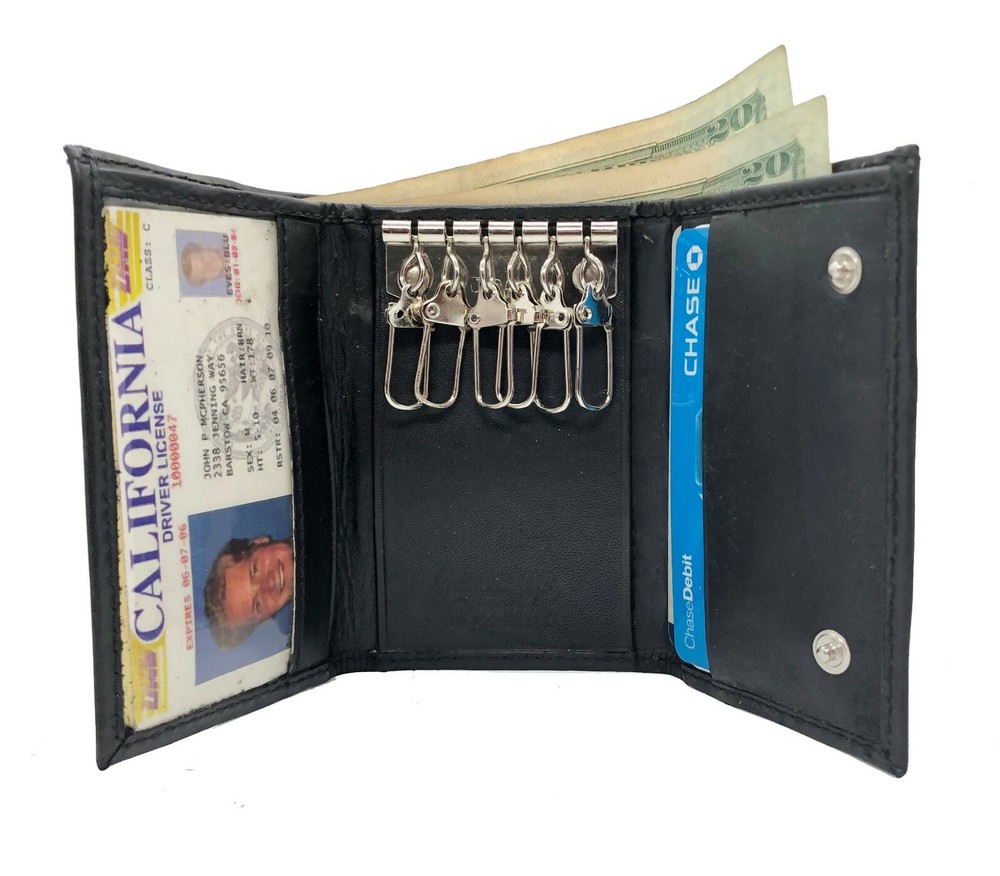 Black Mens Genuine Leather Trifold Wallet with Keychain Holder  