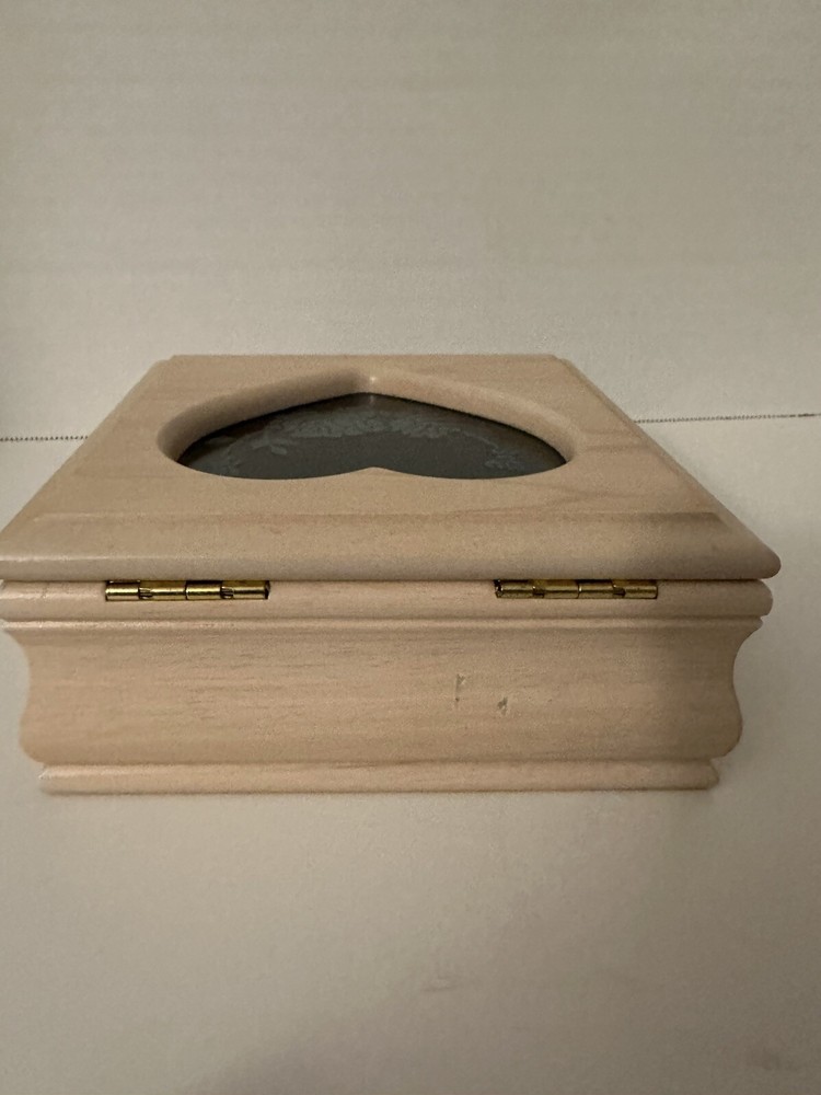 Vintage Wood Jewelry Box Heart Etched Rose Glass Lid