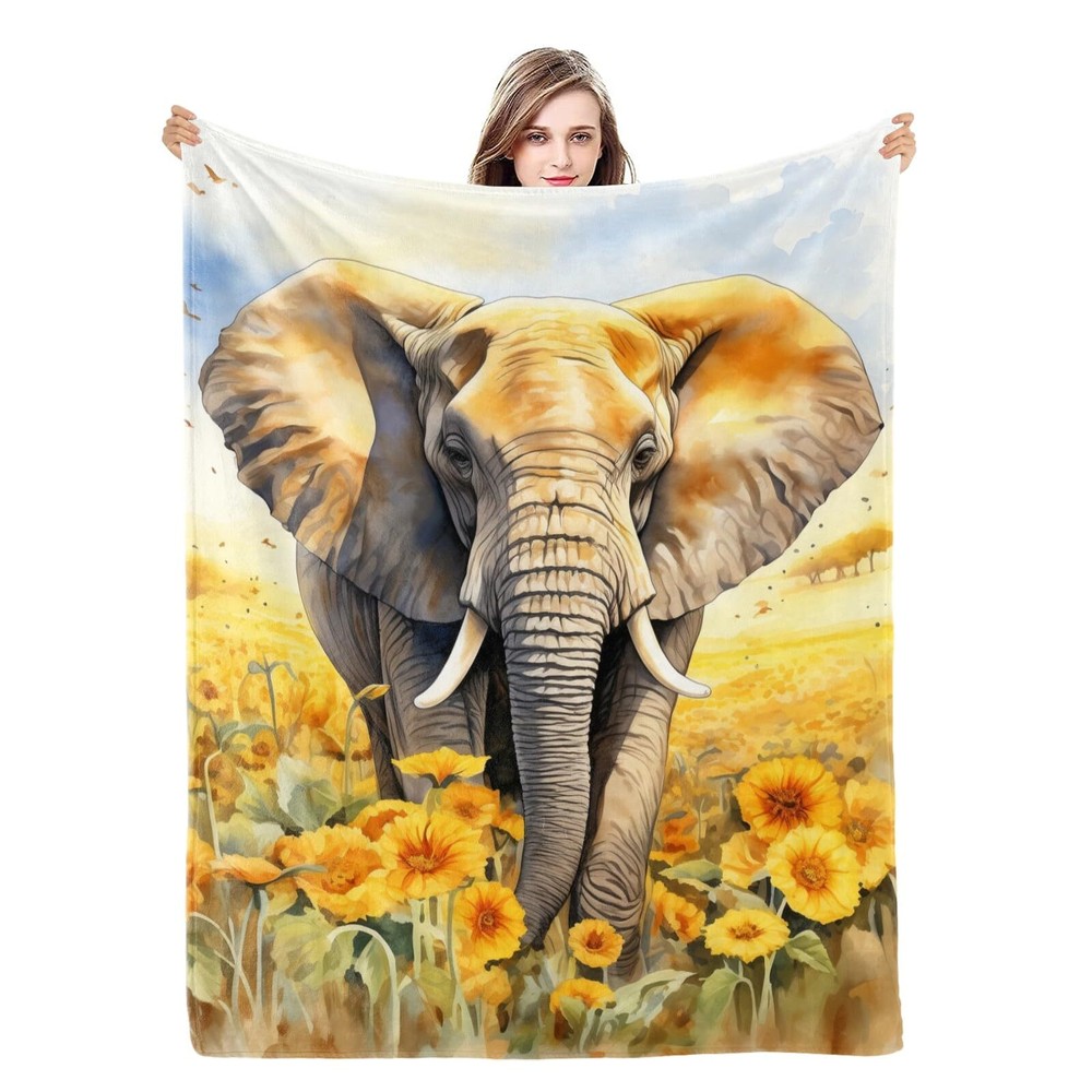 Elephant Print Blanket 350 GSM Sunflowers Flannel Blanket for Adults Kids Flo...