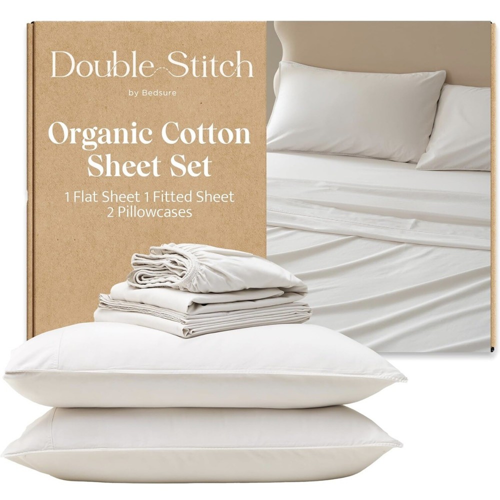 Double Stitch 100% Organic Cotton King Sheet Set 300 TC Hotel Sateen