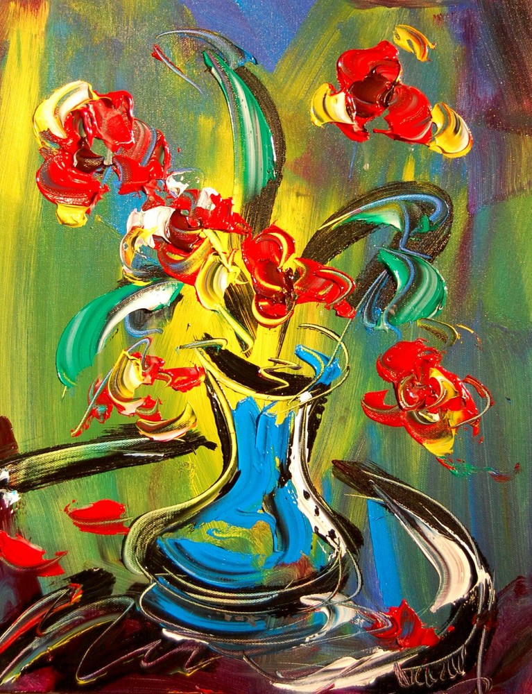 FLOWERS  ORIGINAL OIL PAINTING ABSTRACT MODERN ART RED BLUE GRGRDFGR