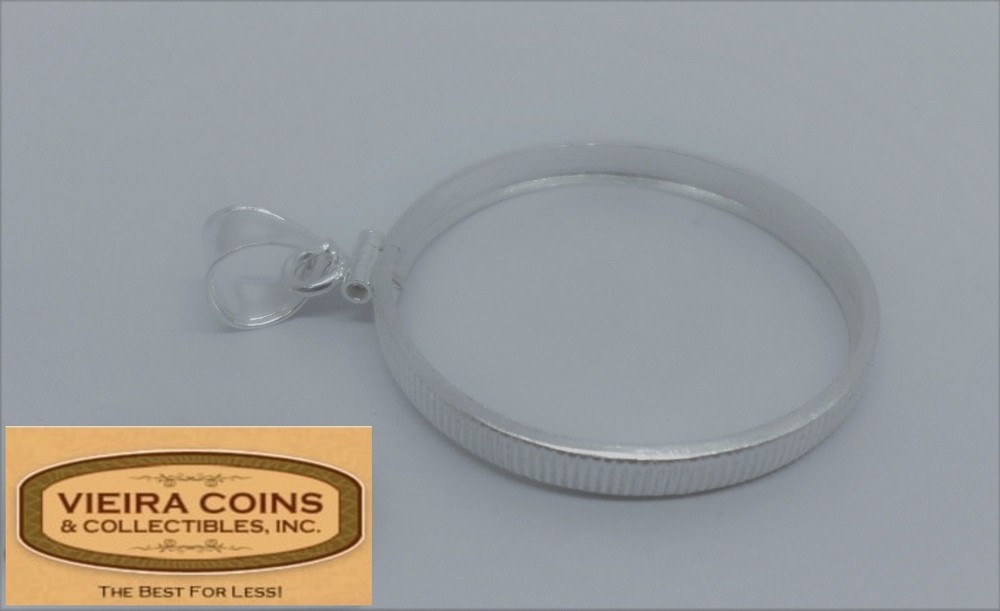 925 Silver 39 mm Coin Bezel For Silver Round Frame Reeded Edge Mount Bail-#B091