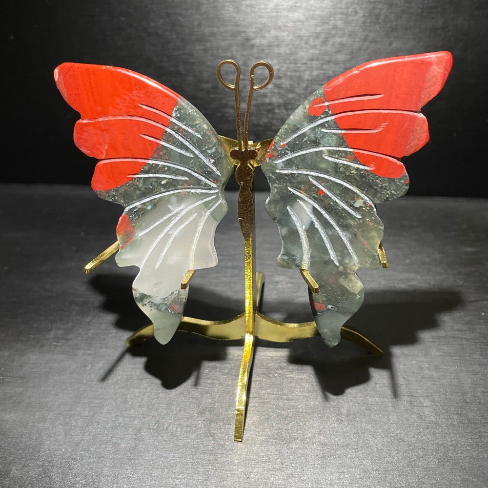 Natural Dragon blood stone Butterfly wing quartz crystal carved reiki + Stand