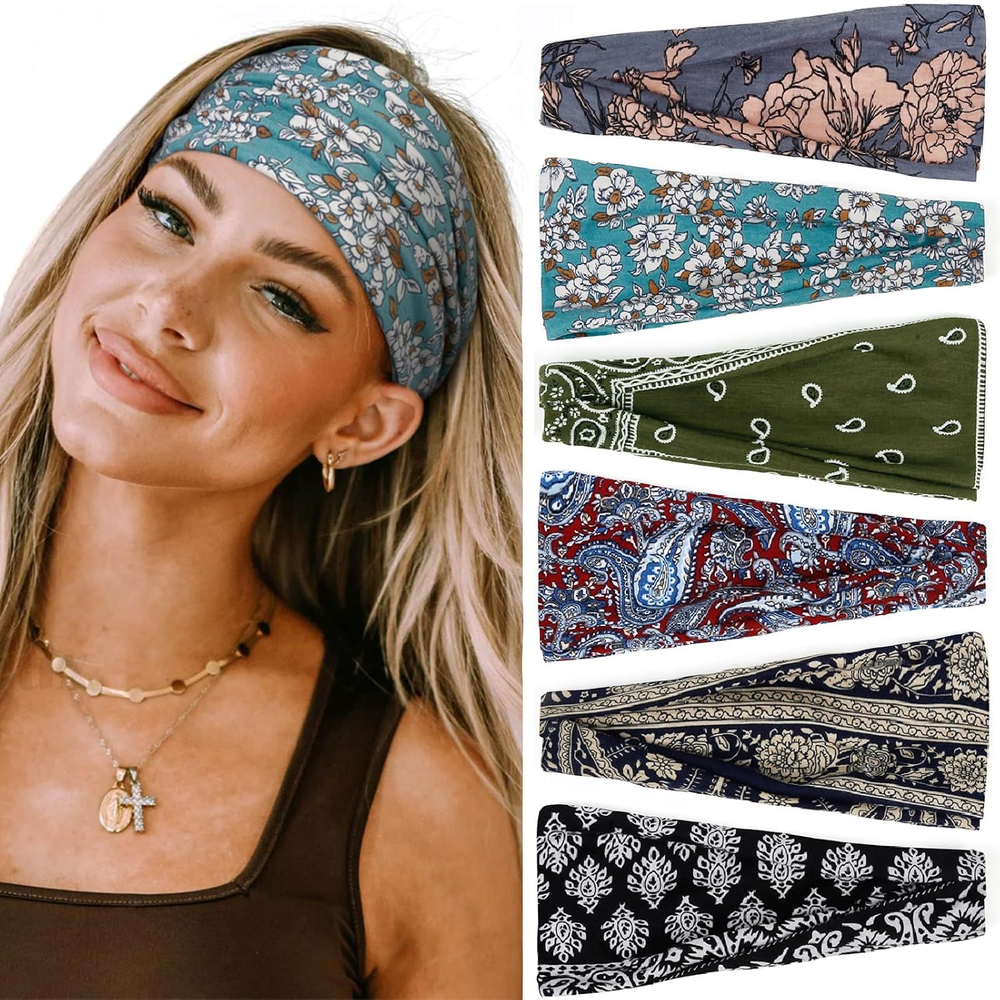 Boho Wide Elastic Headbands for Women - Non-Slip Thick Hair Accessories  