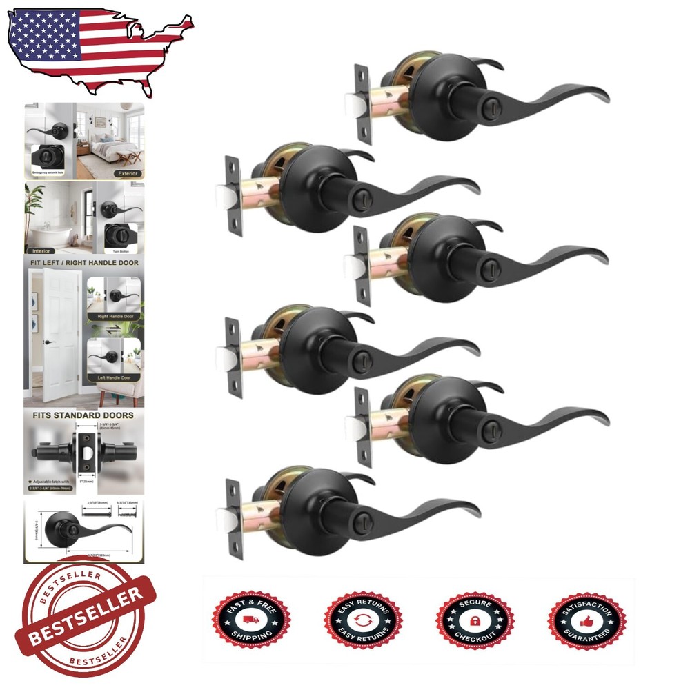 6 Pack Black Interior Door Lever Handles - Easy Install Privacy Function