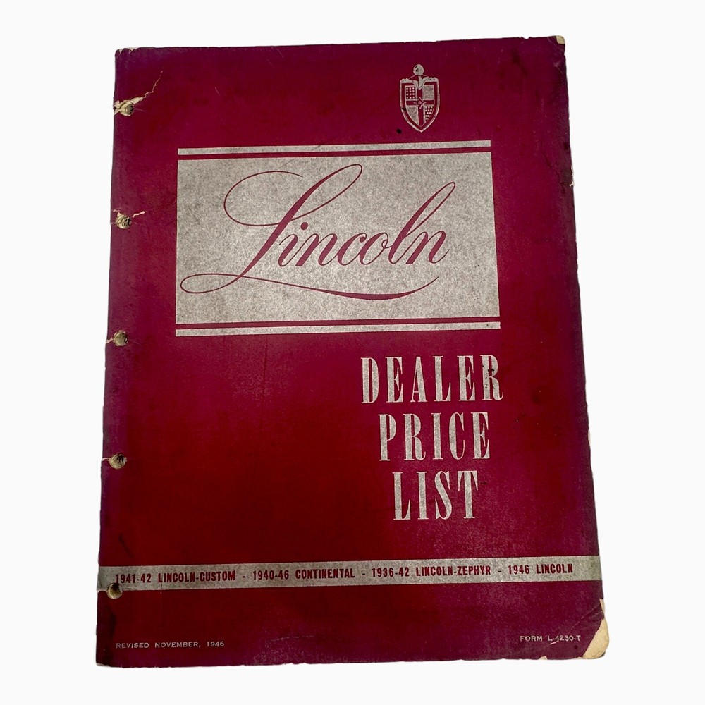 1936- 1946 LINCOLN CONTINENTAL + Car Dealer Price List Service book Parts Manual
