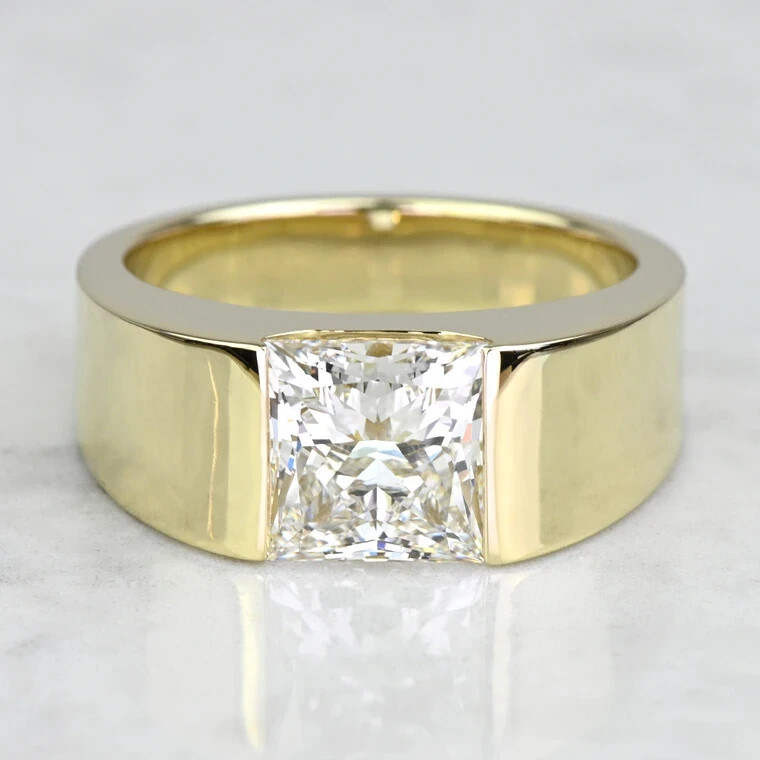 14K Yellow Gold Plated Princess Cut D/VVS1 Moissanite Half Bezel Mens Ring