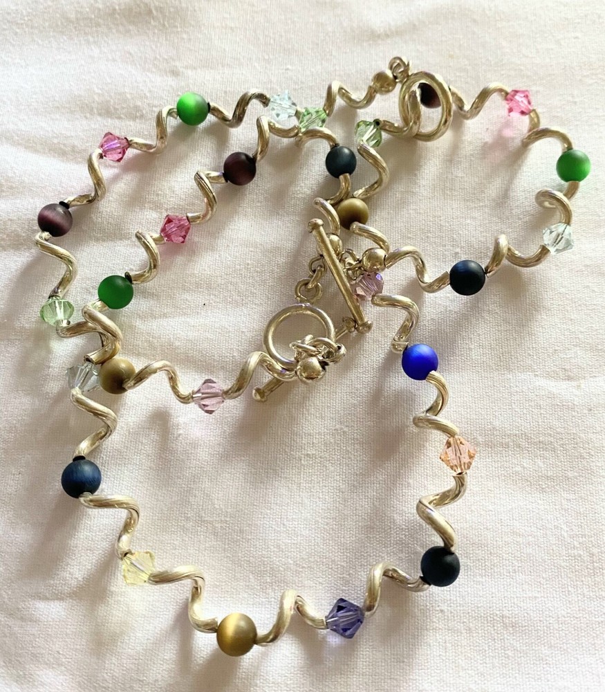 925 Silver Curly Q Crystal Cats Eye Bead Bracelet & Necklace Set