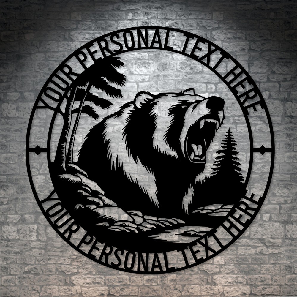 Custom Roaring Black Bear Metal Sign - Personalized Cabin Wall Decor-image