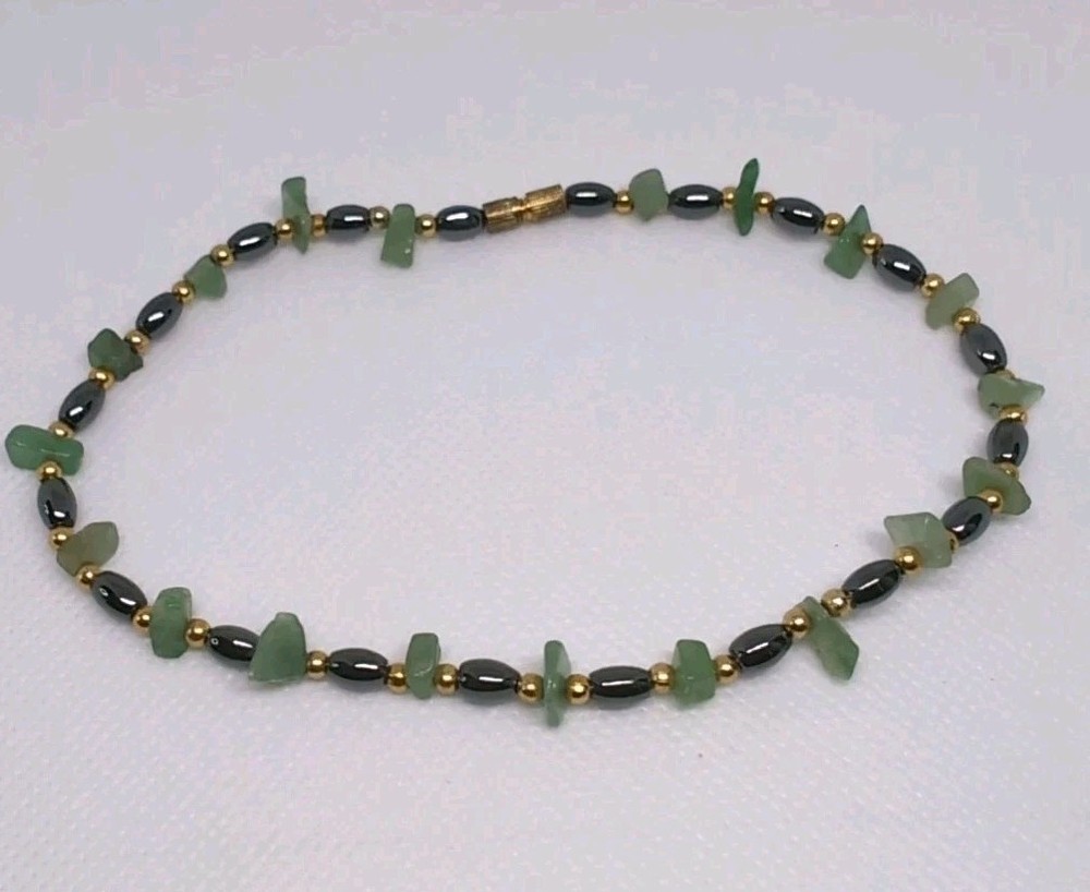 Green Gemstone Black Gold Bead Ankle Bracelet in Various Shapes