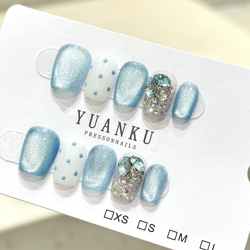 Handmade Blue Shimmer Diamond False Nail Short Coffin Press on Nail Nail Art