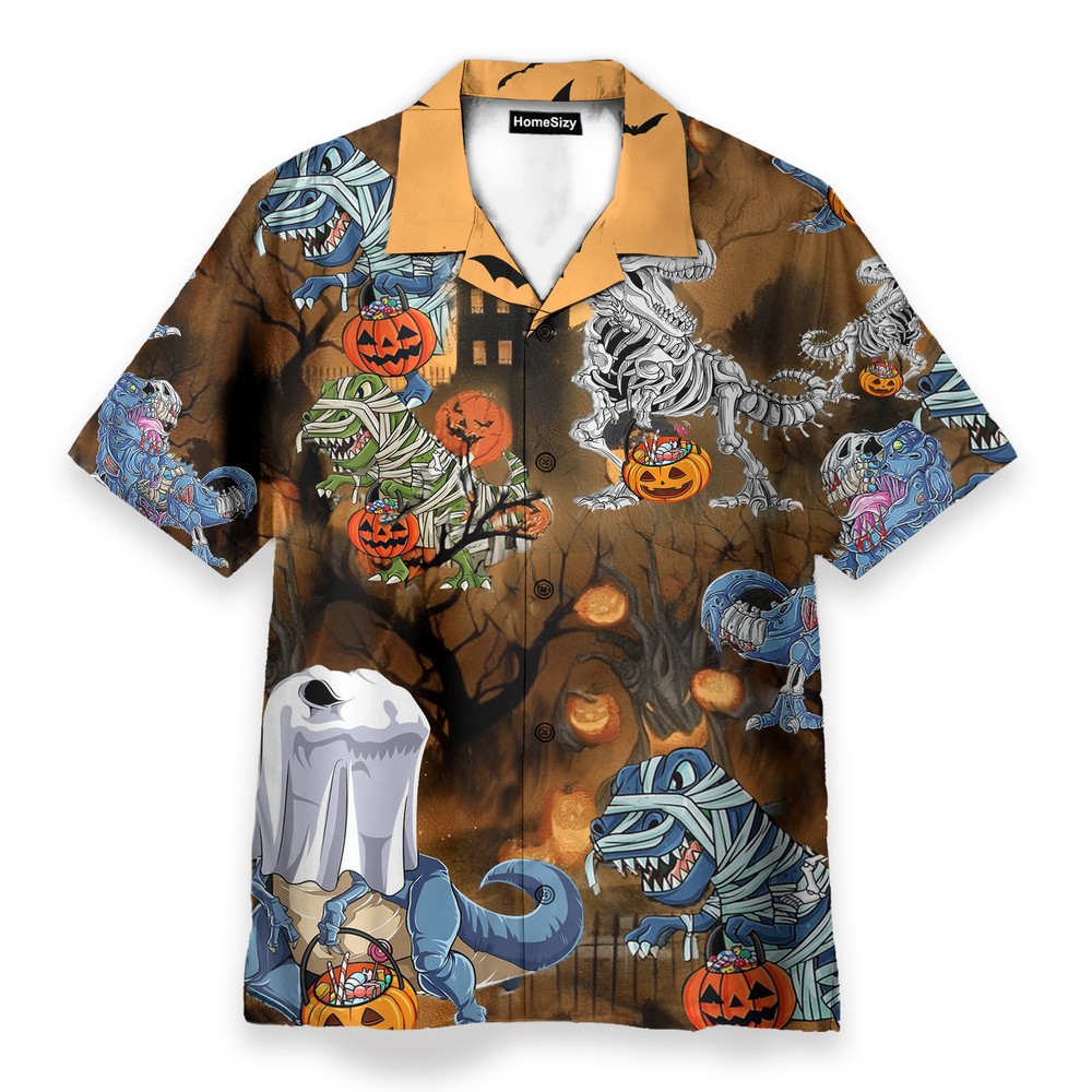 Dinosaur Skeleton Pumpkin Bucket Halloween Theme Hawaiian Shirt for Men and Women