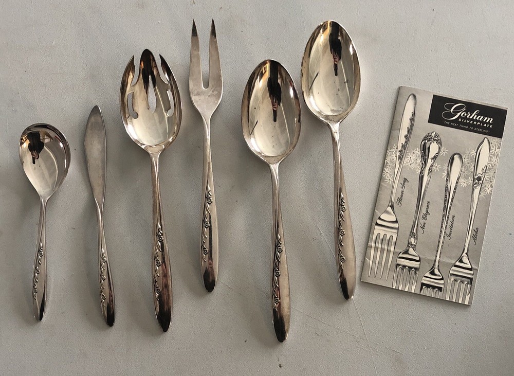 6 Piece Serving Set Gorham Flower Song Spoon Meat Fork Knife Slotted
