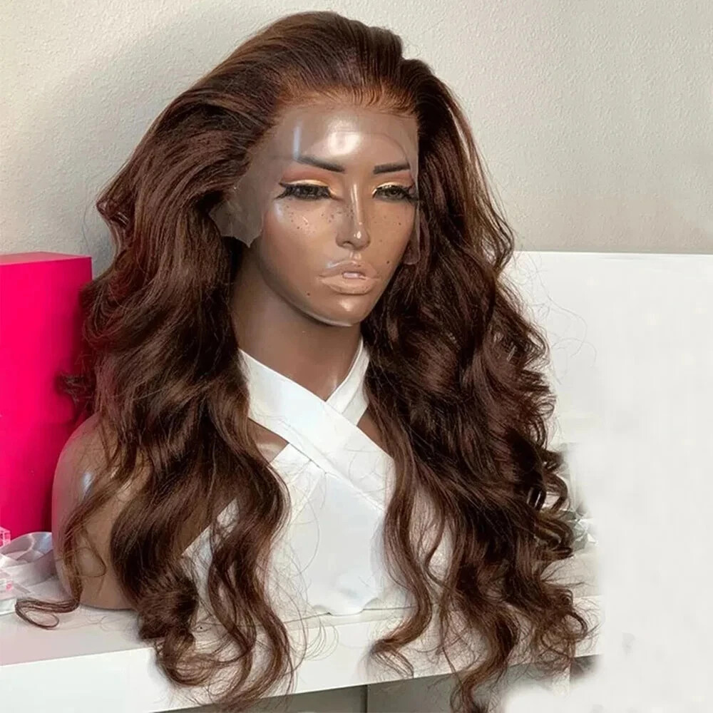 Dark Brown 26 Inch Body Wave Synthetic Lace Front Wig Glueless Long Hair
