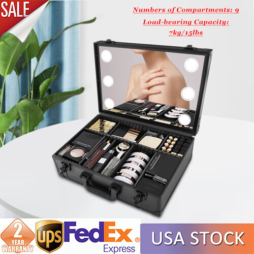 Makeup Bag with Mirror LED Light Travel Makeup Case Cosmetic Box Organizer Black