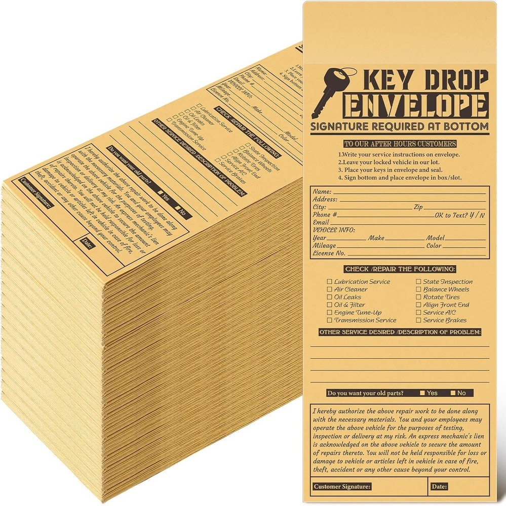 500 Pcs Drop Key Envelopes Self-Adhesive for Auto Shop Repair Service