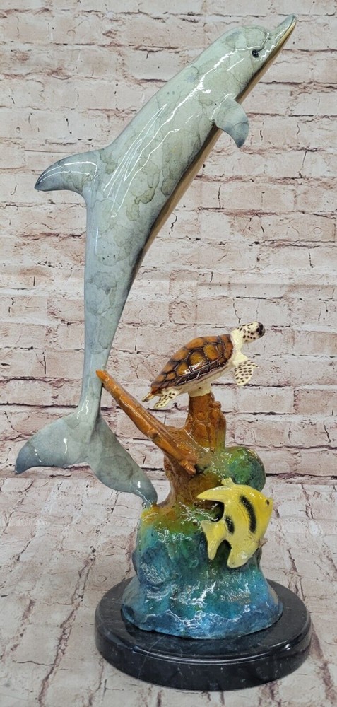 Limited Edition Bronze Marine Life Sculpture: Dolphin Fish Turtle Figurine Gift