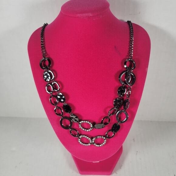 Black Metallic Multistranded Statement Abstract Steampunk Goth Layering Necklace