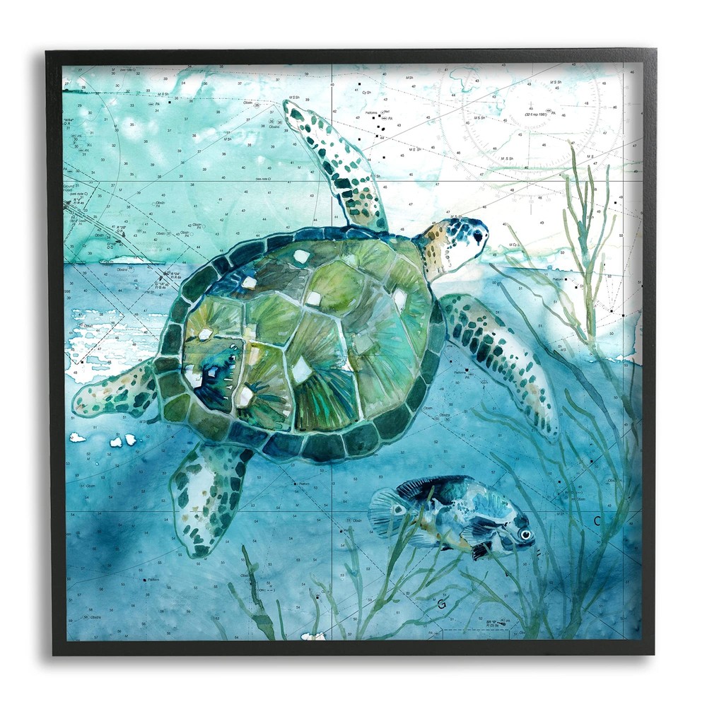 Sea Tortoise and Fish Over Blue Nautical Ocean Map Wall Art, 17 x 17, Black F...