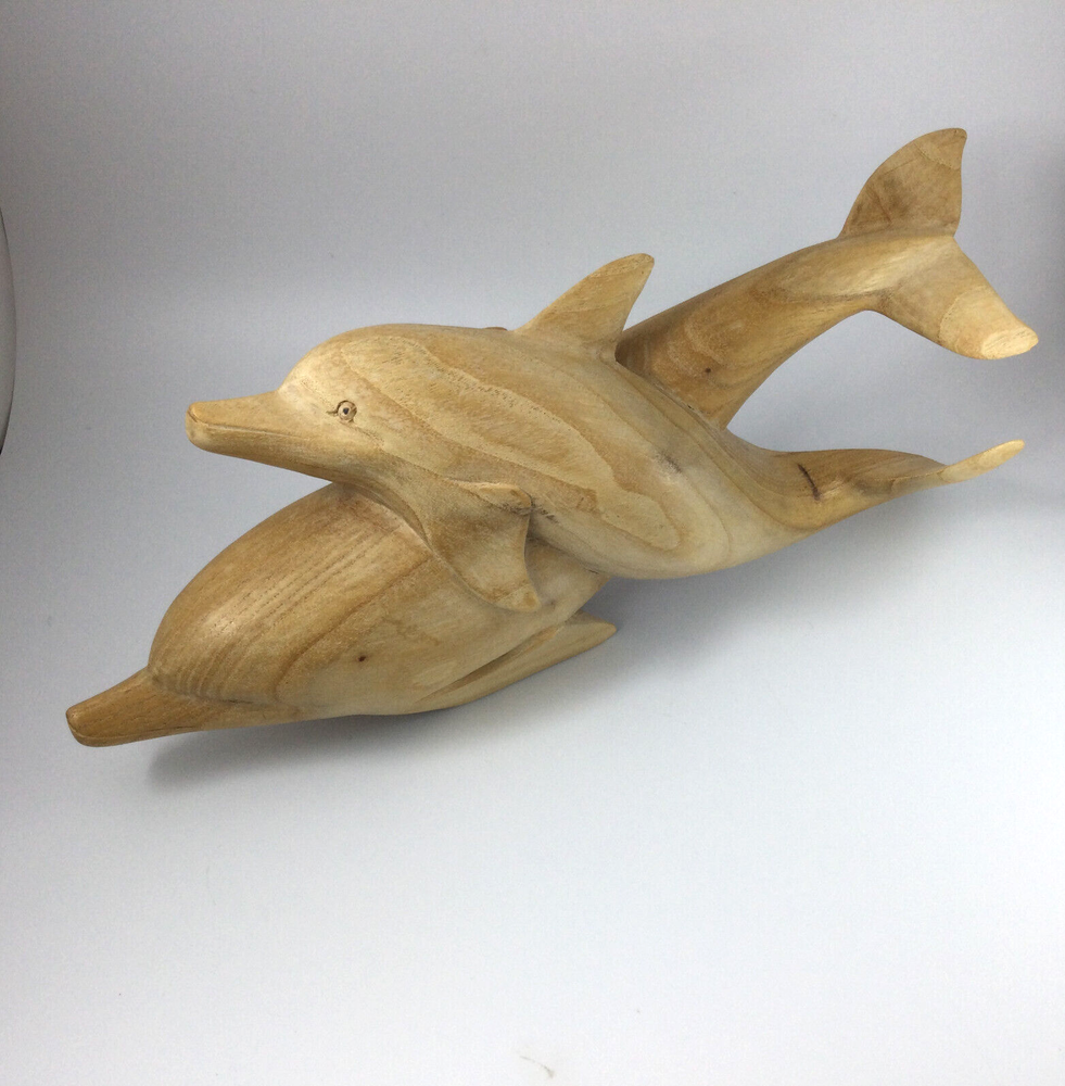Hand Carved Lg Wooden Dolphins Sculpture Figurine 18