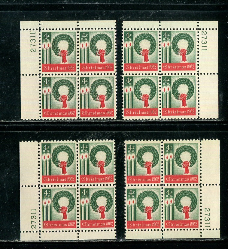 US 4c Christmas Wreath Matched Plate Block MNH #1205 Stamp 27311, 1m635 Mint Condition