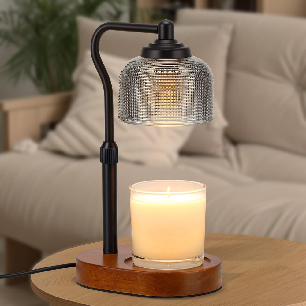 Black Wood Farmhouse Candle Warmer Lamp with Timer and Glass Shade  