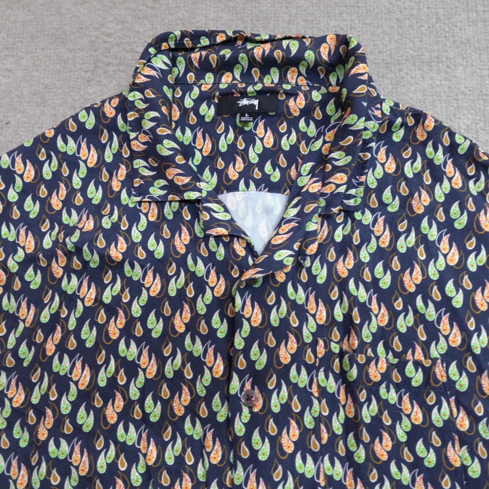 Stussy Black Paisley Hawaiian Shirt Large Lyocell Camp Collar Made in Portugal