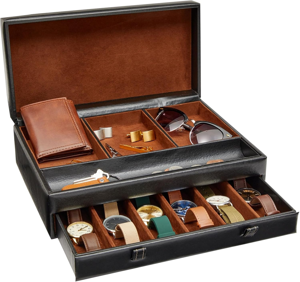 Black Faux Leather Men's Jewelry Organizer with Valet Tray and Watch Box