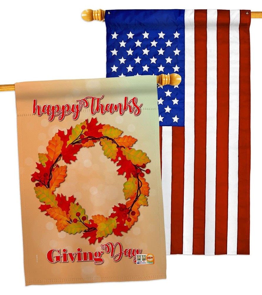 Thanksgiving Fall Turkey Wreath House Flag with Pumpkins Gobble Give Thanks Design