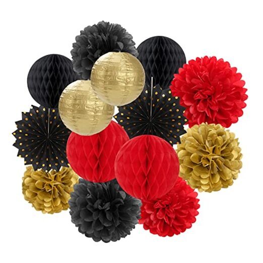 Red-Black Gold Party Decorations Streamers Lanterns - 14pcs Red Black Gold