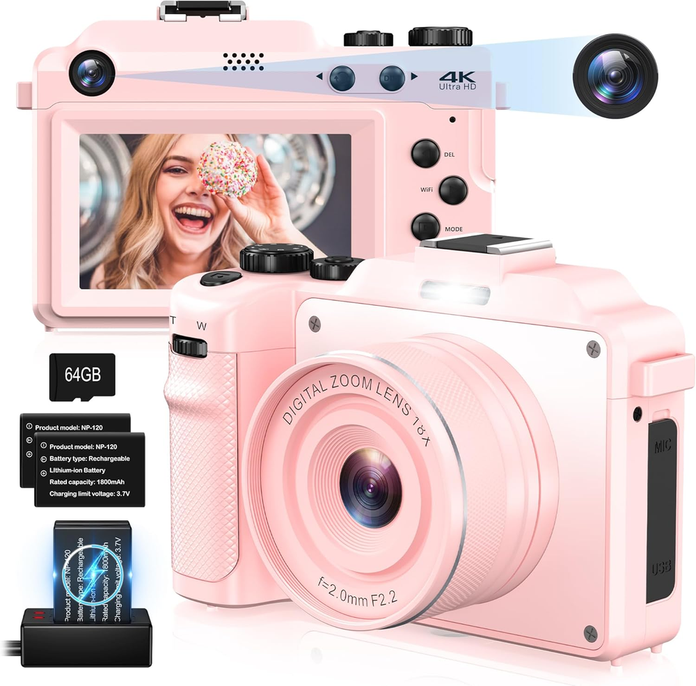 Cameras for Photography,4K Pink Digital Camera Anti-Shake 64MP Compact Vlogging