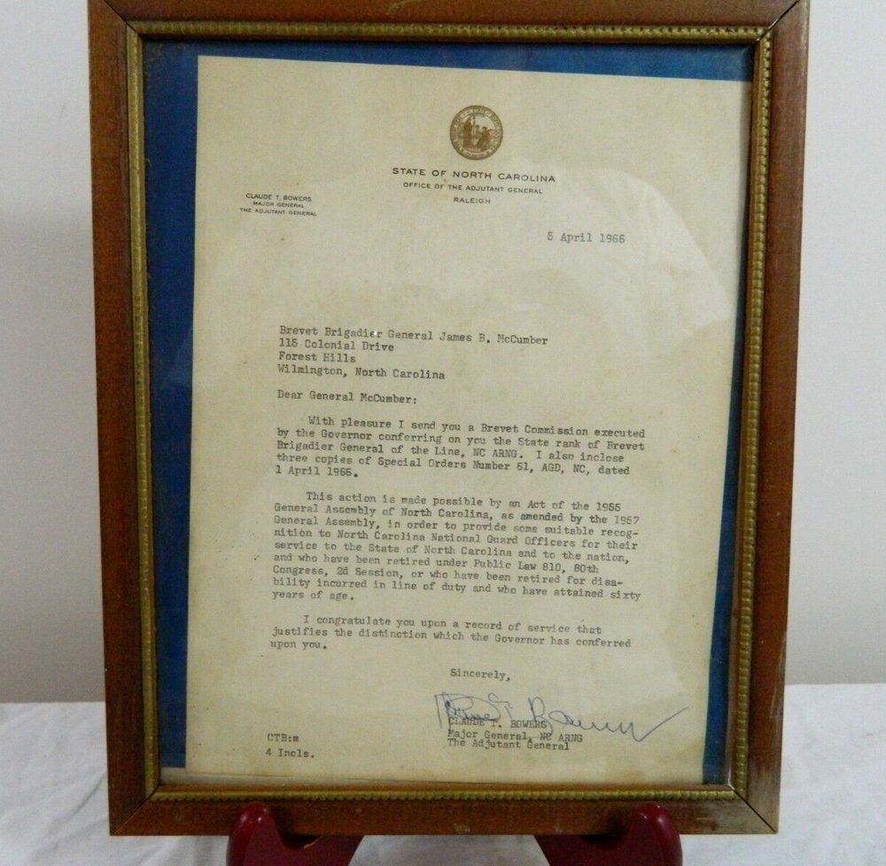Army 1966 State NC Brevet Commission Certificate Award General James B. McCumber