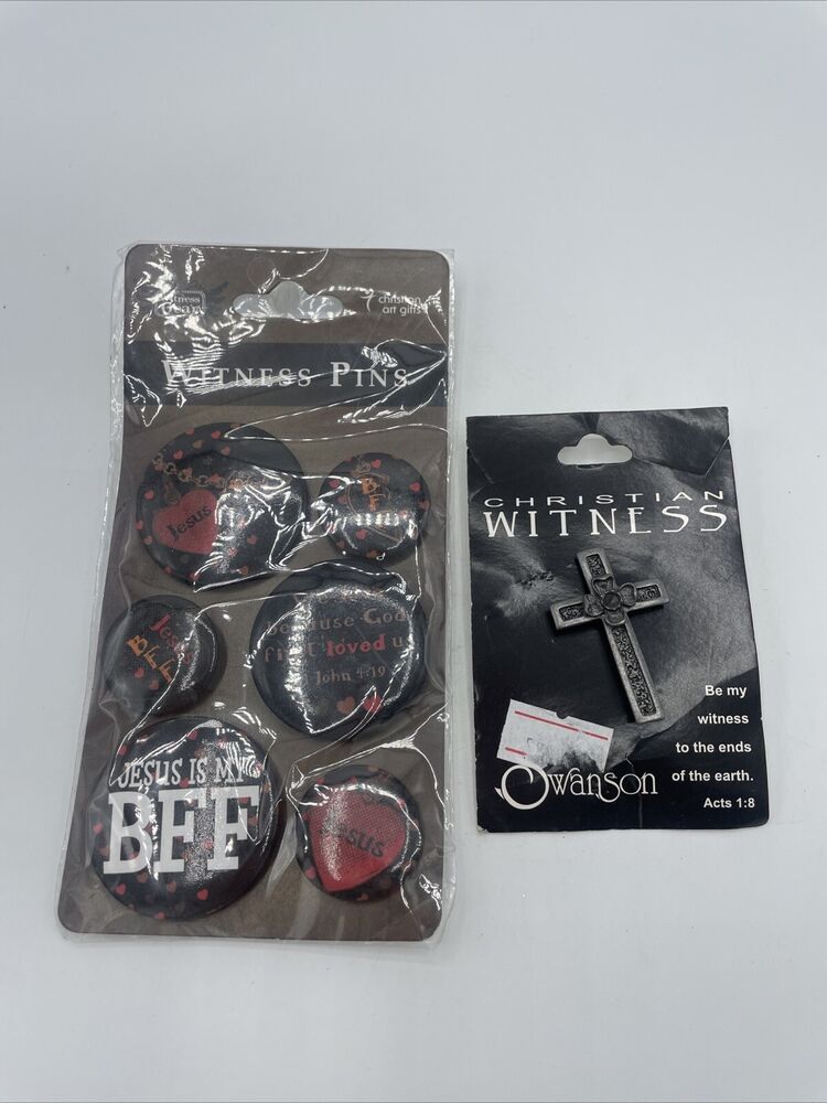 Christian Witness Pins Lapel Pins, Cross And Set Of Round Button Pins. New.