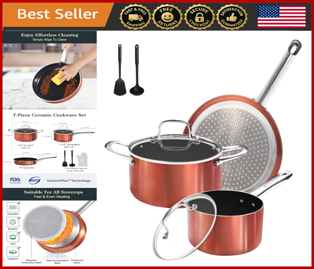 7pc Non-Stick Ceramic Cookware Set, Induction Safe, Oven Safe, PFOA-Free Copper