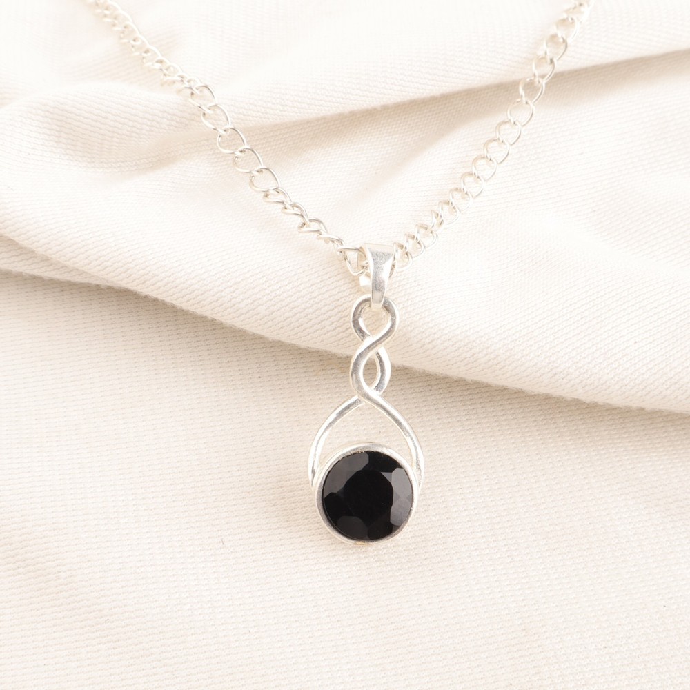 Root Chakra Round Natural Black Onyx 925 Sterling Silver Handmade Ethnic Pendant Jewelry for Grounding & Balance