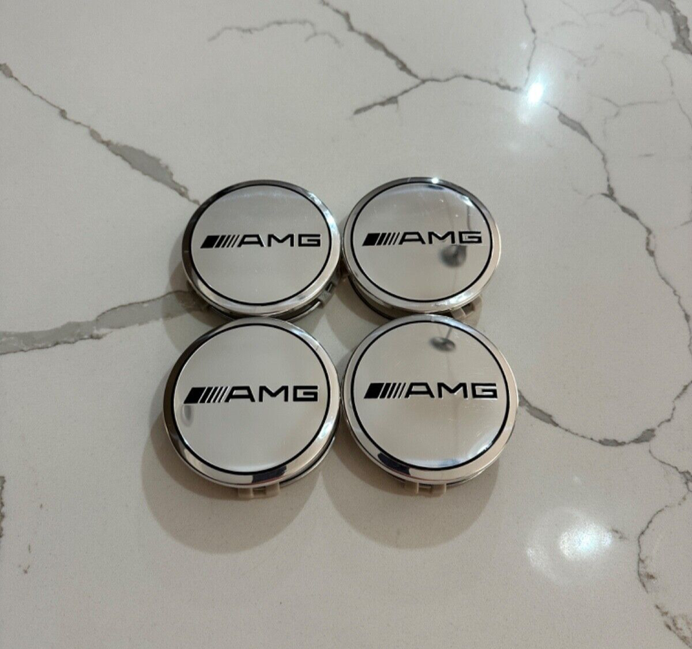SET OF 4 Mercedes Benz AMG 75MM Silver & Black Rim Wheel Center Hub Caps Emblem