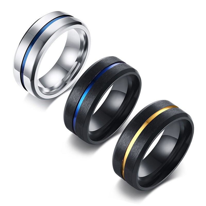 8MM Fashion Jewelry Titanium Steel Groove Blue Men's Ring 3 Color Size 7-12