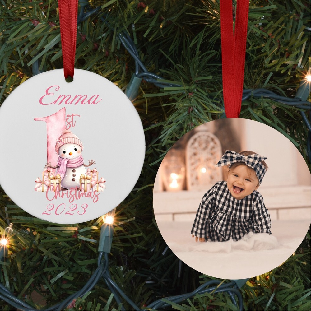 Personalized Pink Snowman Baby's First Christmas Photo Ornament-image
