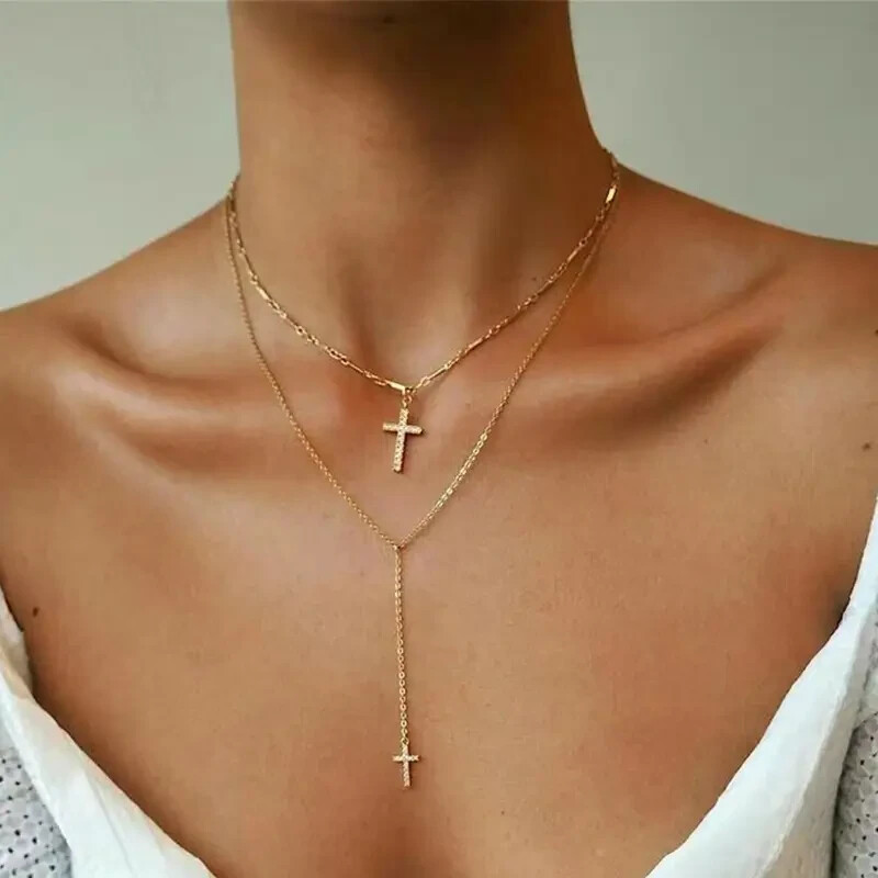 Rhinestones 18K Gold Plated Cross Alloy Snake Bones Multi-Layer Necklace
