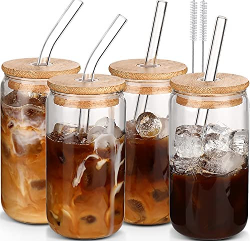 4-Pack Clear Glass Cups with Lids & Straws – Reusable & Blank  