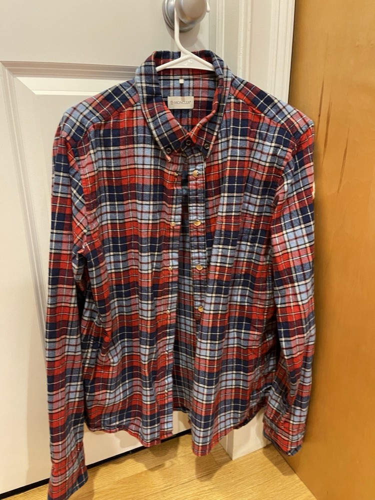 Moncler Mens XL Red Plaid Flannel Snap Button Long Sleeve Shirt